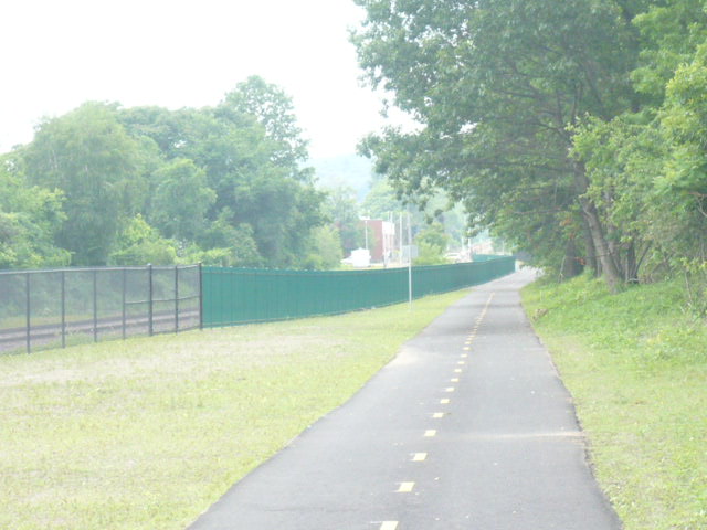 photo of bike path, fence, and trees